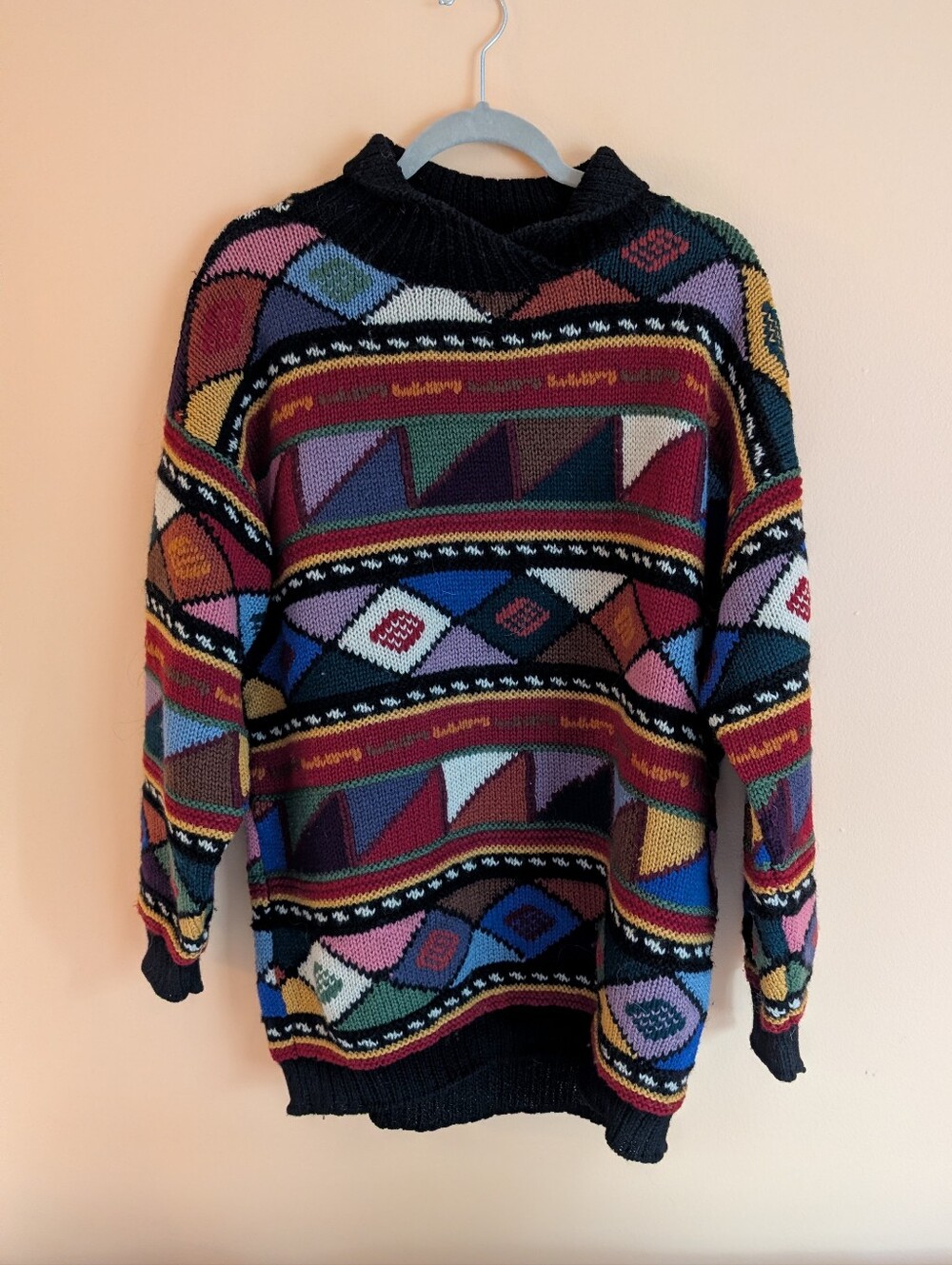 Lands' End Black Collar Multicolor Striped Wool Sweater